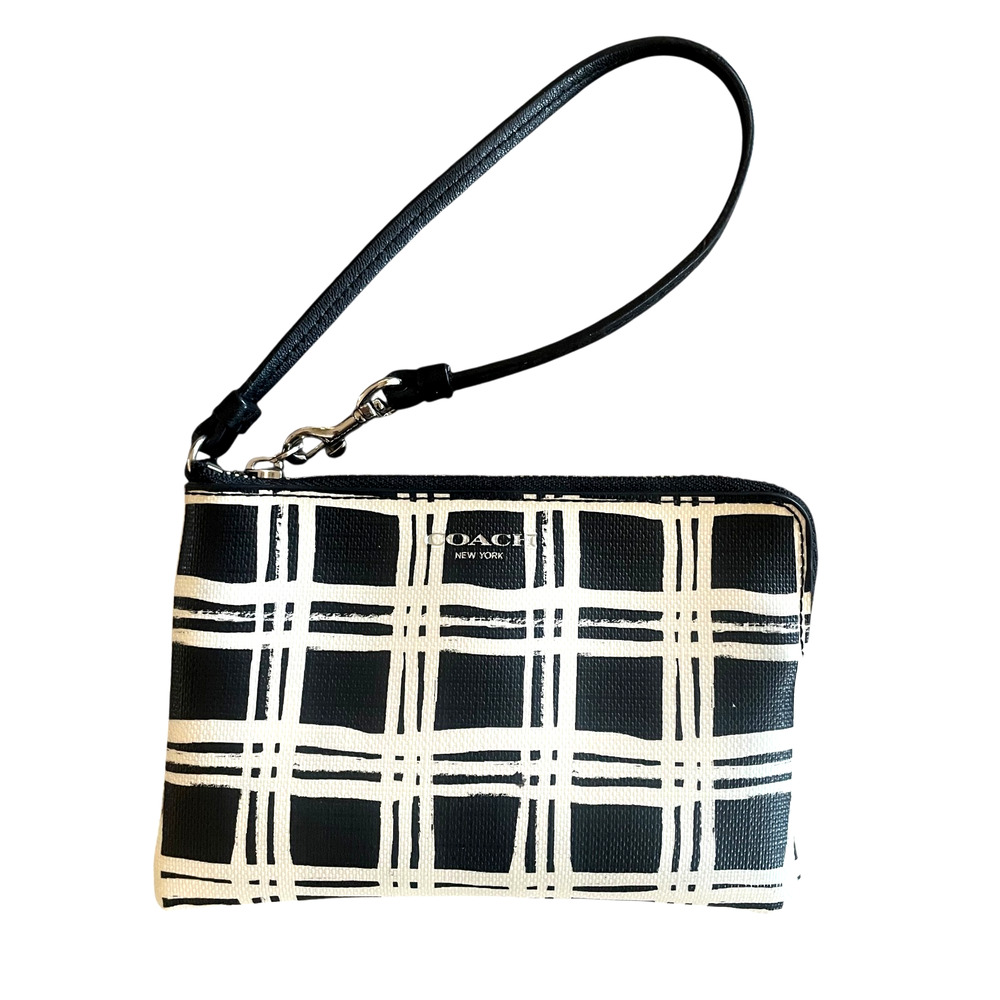 COACH Small Black Cream Plaid/Check Leather Corner Zip Wristlet Silver Hardware